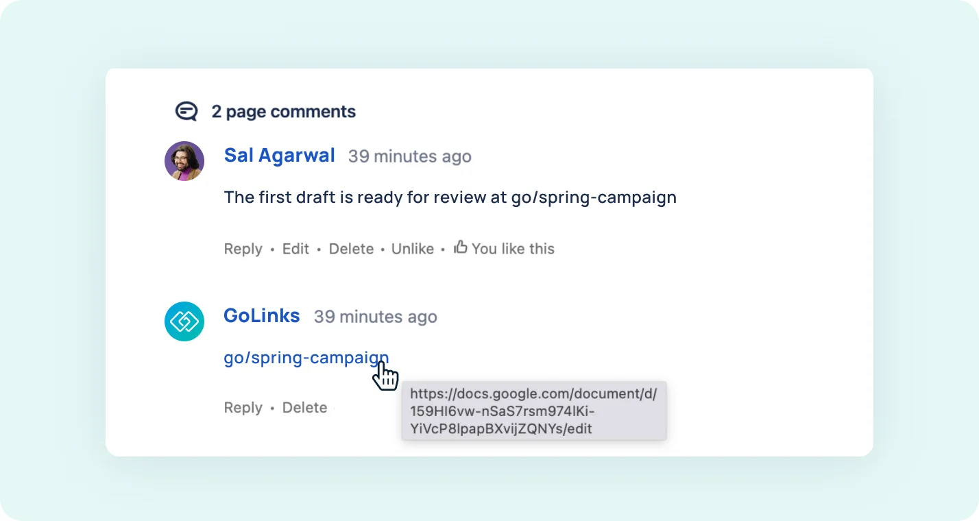 GoLinks® in Confluence comments